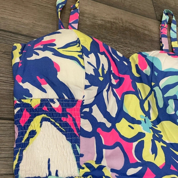 LILLY PULITZER DRESS BRIGHT PINK BLUE FLORAL WOMENS SZ 0 STRAPS RUCHED SUNDRESS - Picture 5 of 10